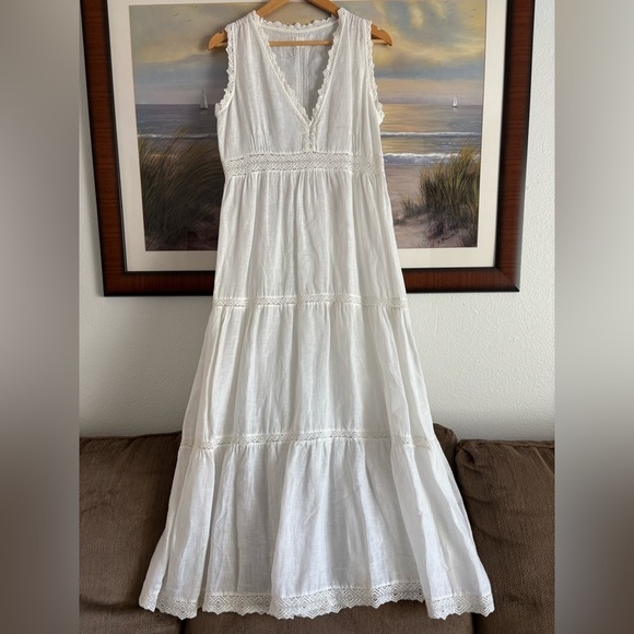120% Lino Dresses & Skirts - Sleeveless White Maxi Dress with Lace Trim